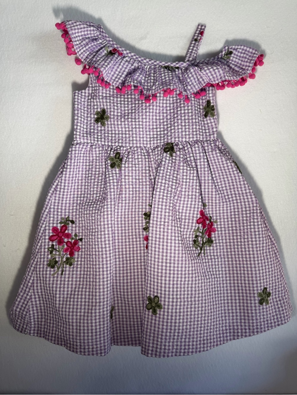 Rare Editions Lavender Gingham Dress with Pink Pom Trim Size 6